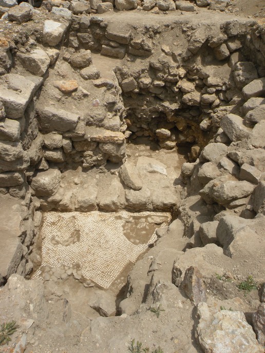 Fig. 15. Trench 2-S: monochrome mosaic floor F059 with parts uncovered in 2024, abutting wall W2-S/4 and continuing under wall W2-S/6 (left); view from the West (image by Mariusz Burdajewicz).