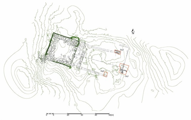 Fig. 6. Khirbat As Sar (Sarah) 2019: the plan of the sanctuary compound with the location of the trenches